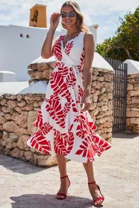 White & Red Palm Print Midi Wrap Dress