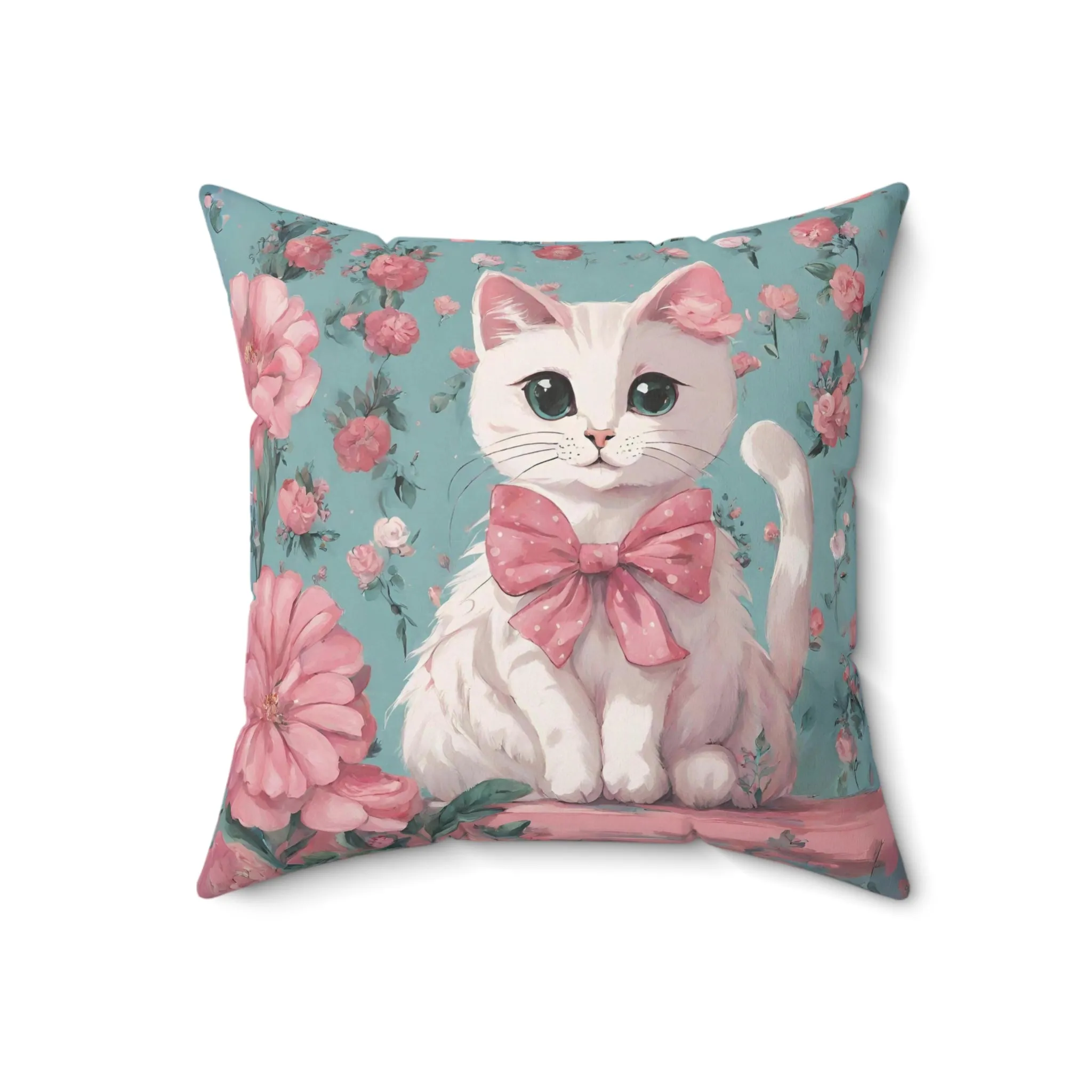 White Cat and Flowers Pillow
