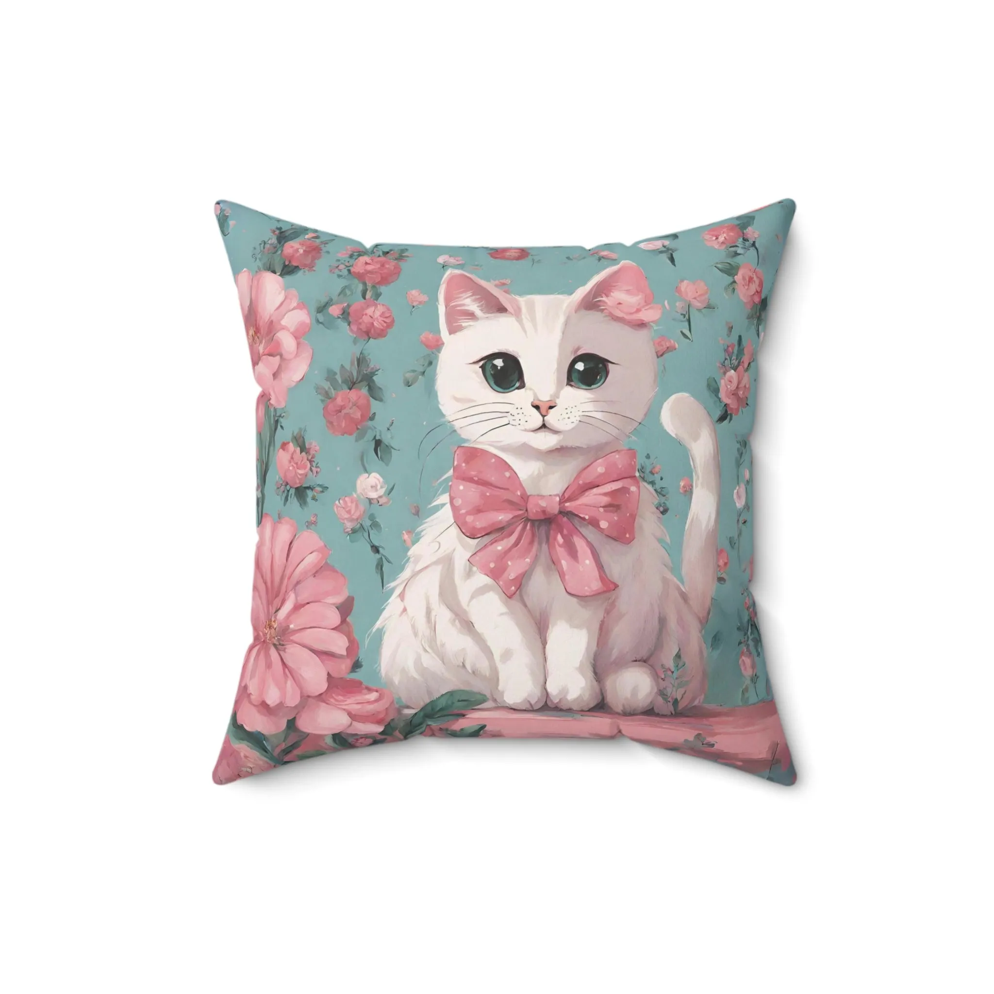 White Cat and Flowers Pillow