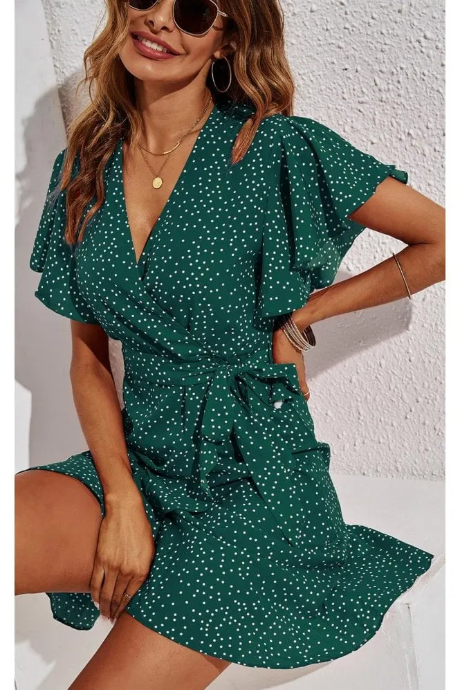 White Dot Mini Wrap Style Dress In Green