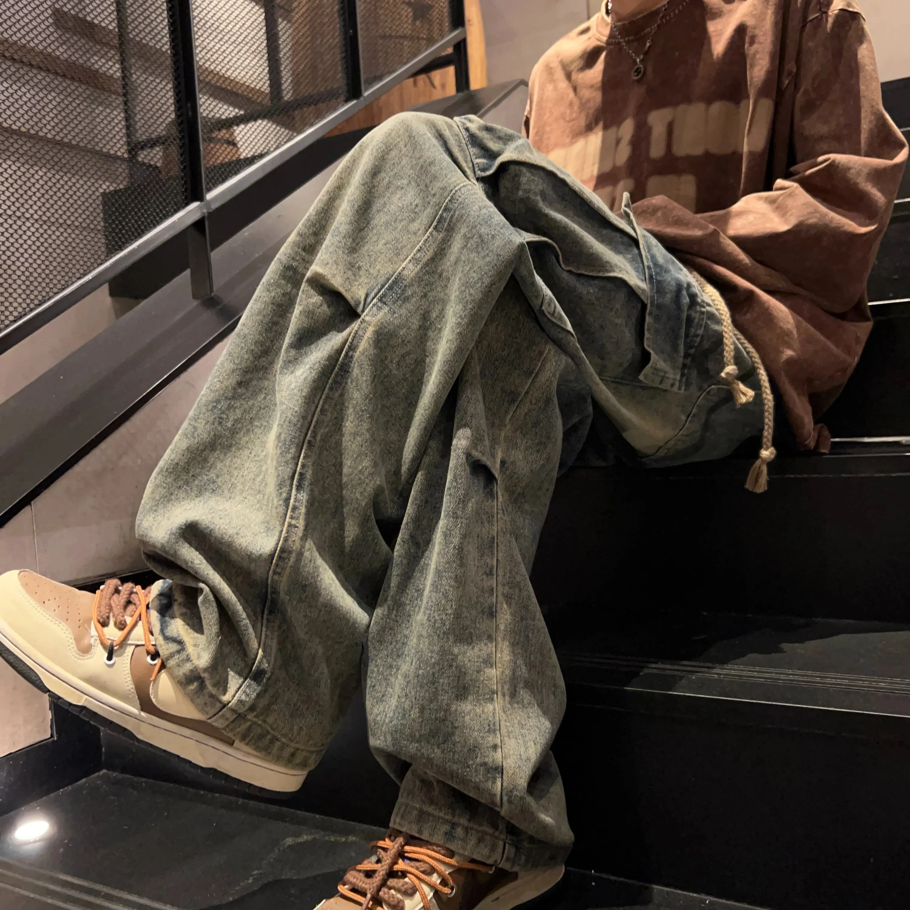 Wide Leg Distressed Side Pockets Pants
