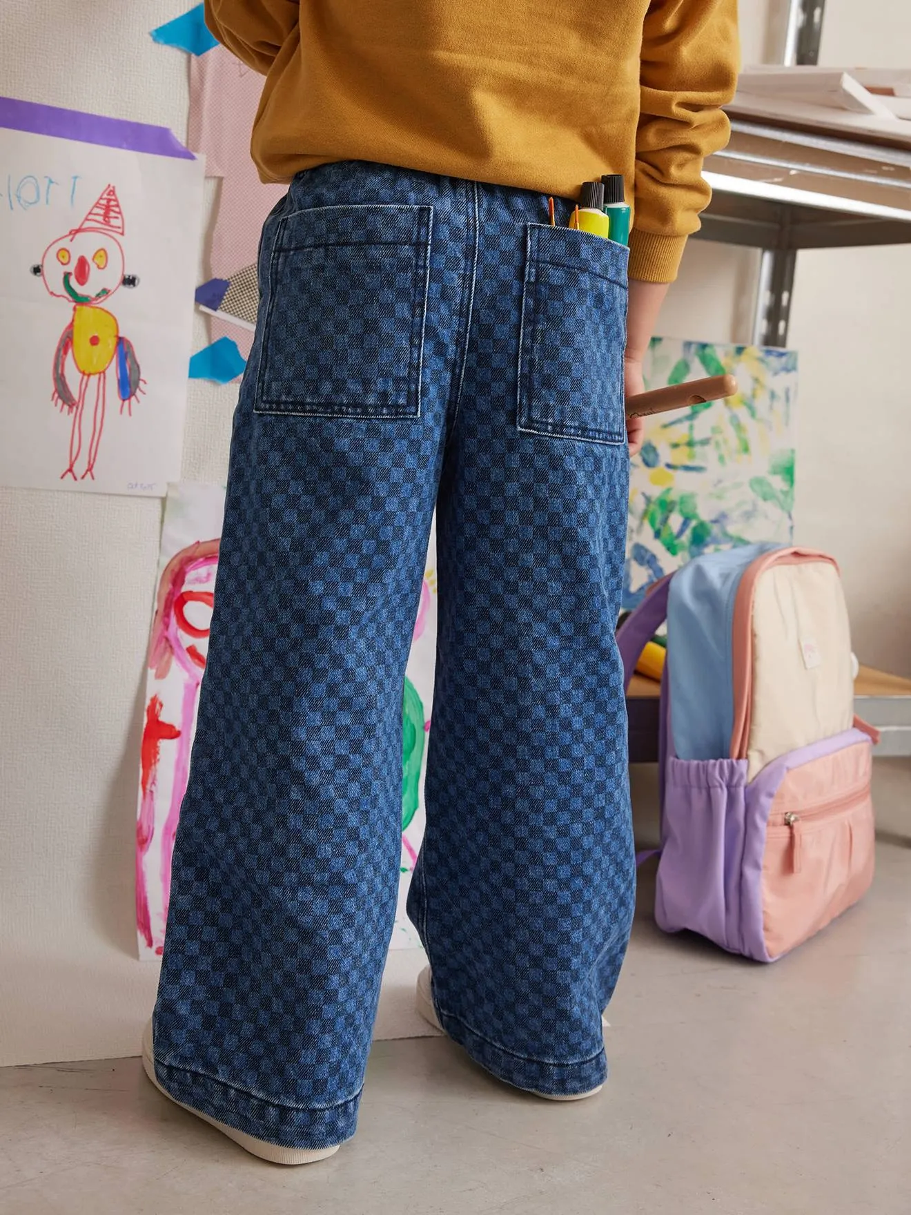 Wide-Leg Paperbag Jeans with Flower Motifs for Girls - deep blue
