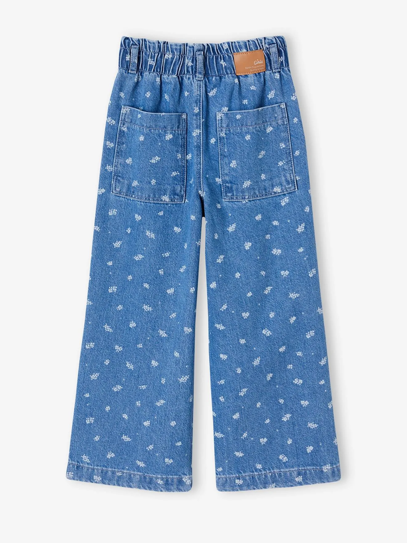 Wide-Leg Paperbag Jeans with Flower Motifs for Girls - deep blue