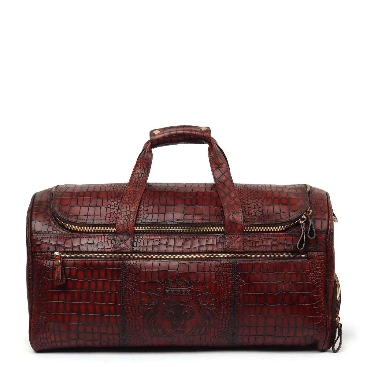Wine Deep Cut Croco Multi-Pockets Smoky Finish Leather Duffle Bag By Brune & Bareskin