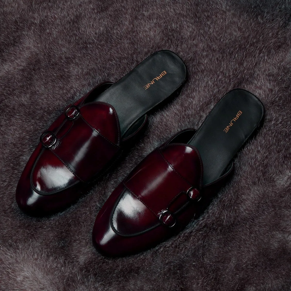 Wine Leather Mules with Double Monk by Brune & Bareskin