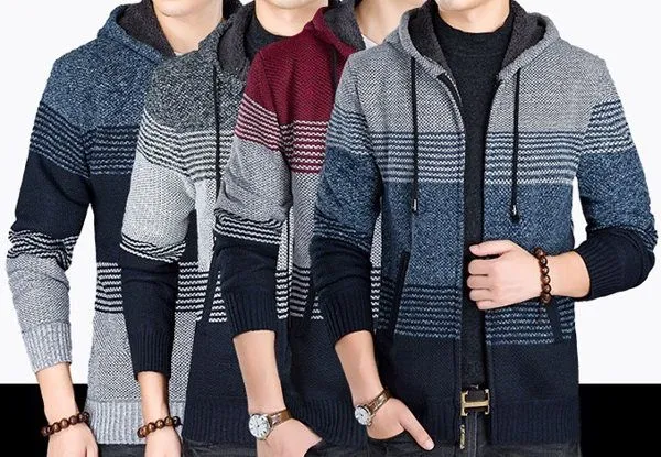 Winter Fur lined wool hoodie for men with stripe variations