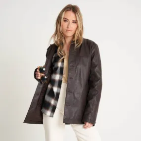 Women's Retro Leather Reefer Jacket in Brown - Barneys Originals