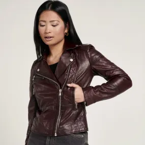 Women's Wine Washed Leather Biker Jacket - Barneys Originals