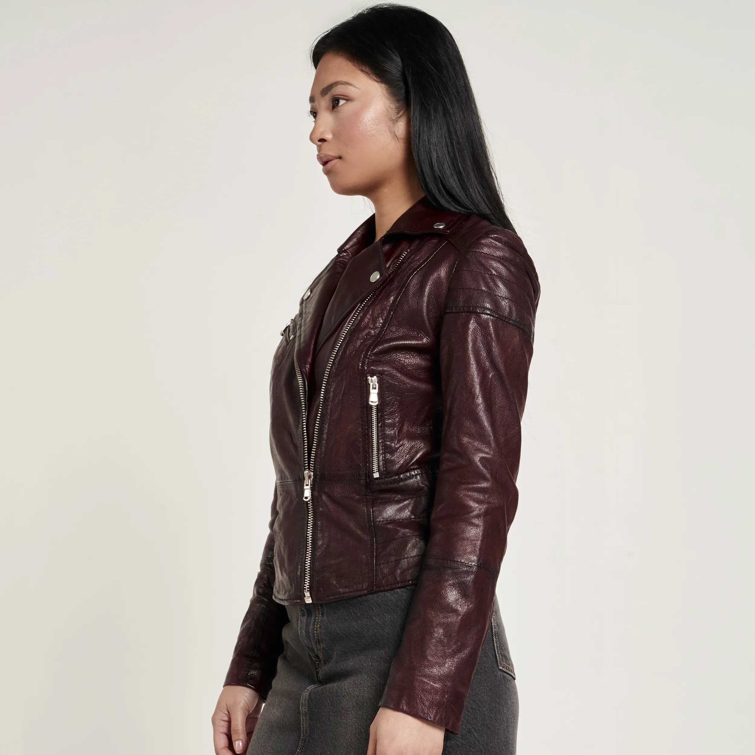 Women's Wine Washed Leather Biker Jacket - Barneys Originals