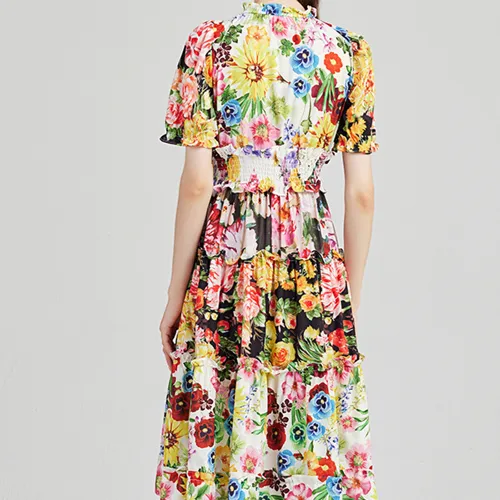 Women's Floral Dress British Style Turtleneck Short Sleeve Flower Midi Dress Business Wedding Party