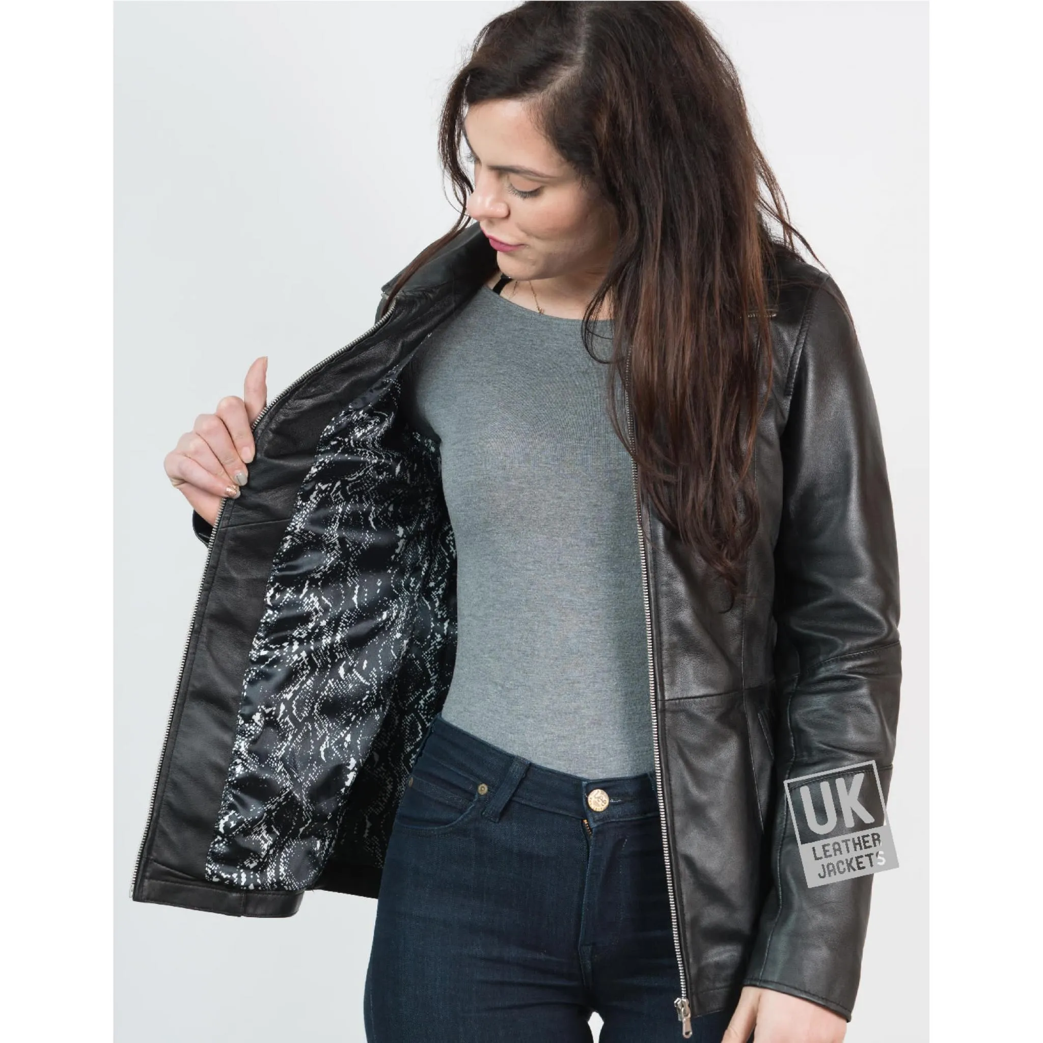 Womens Black Leather Jacket - Amelia - Hip Length | Free UK Delivery