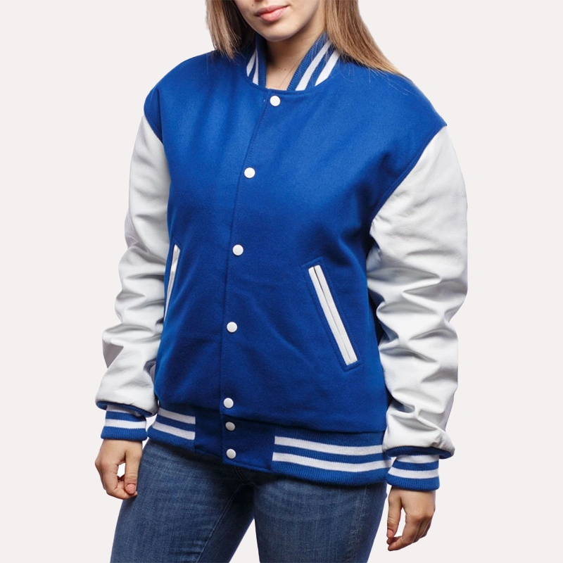Womens Blue and White Leather Sleeves Varsity Jacket
