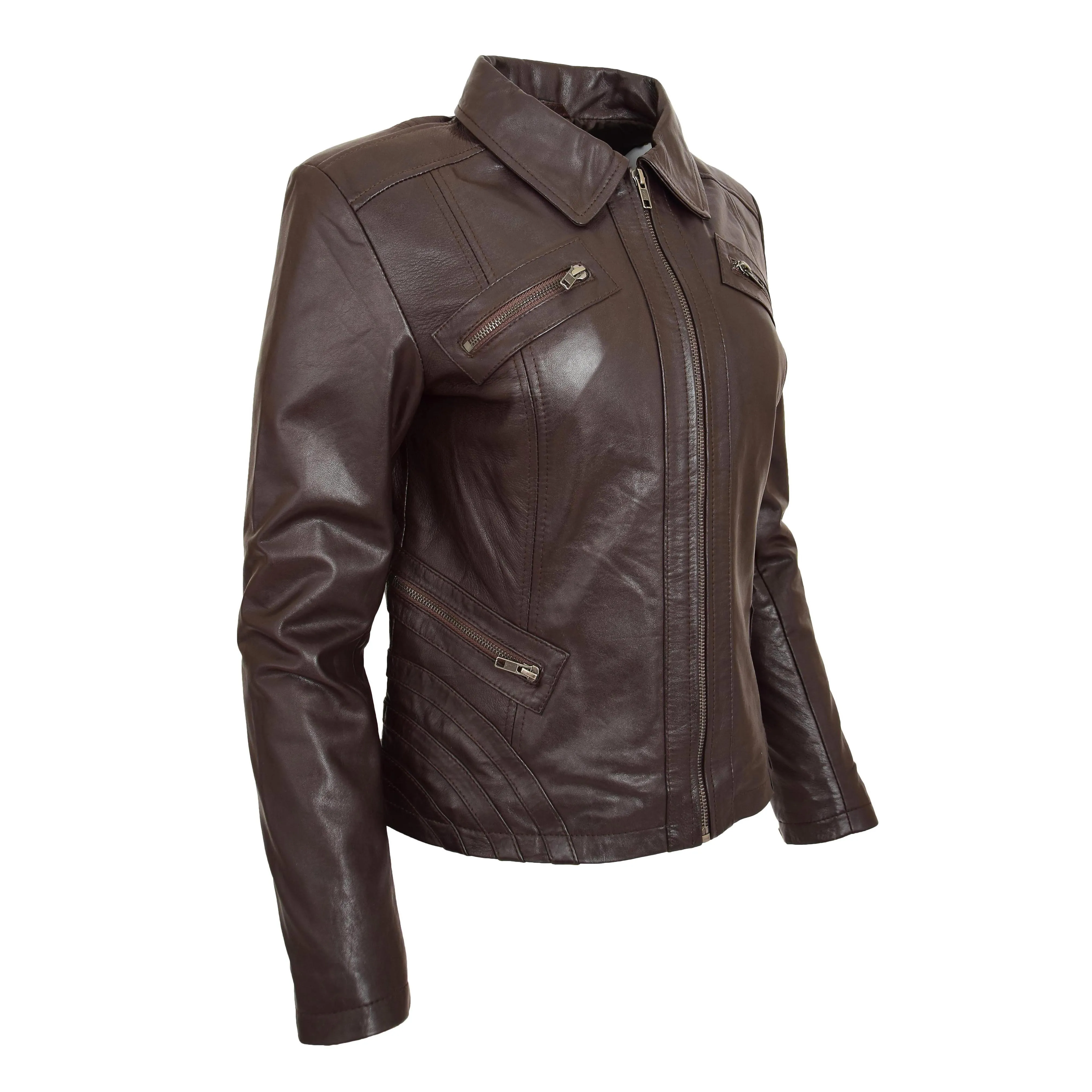 Womens Classic Leather Biker Zip Box Jacket Nova Brown