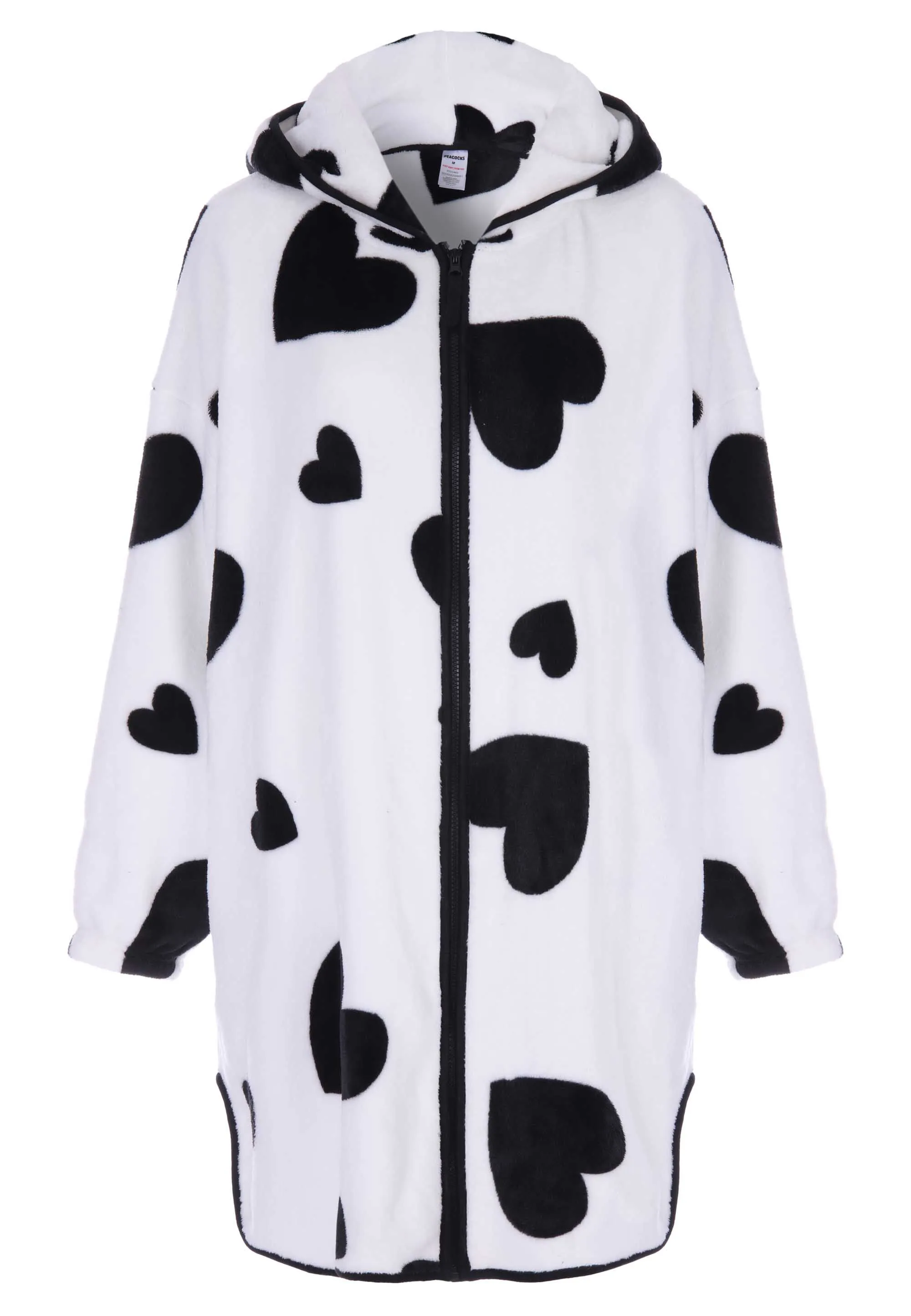 Womens Cream & Black Heart Print Hooded Zip Through Blanket