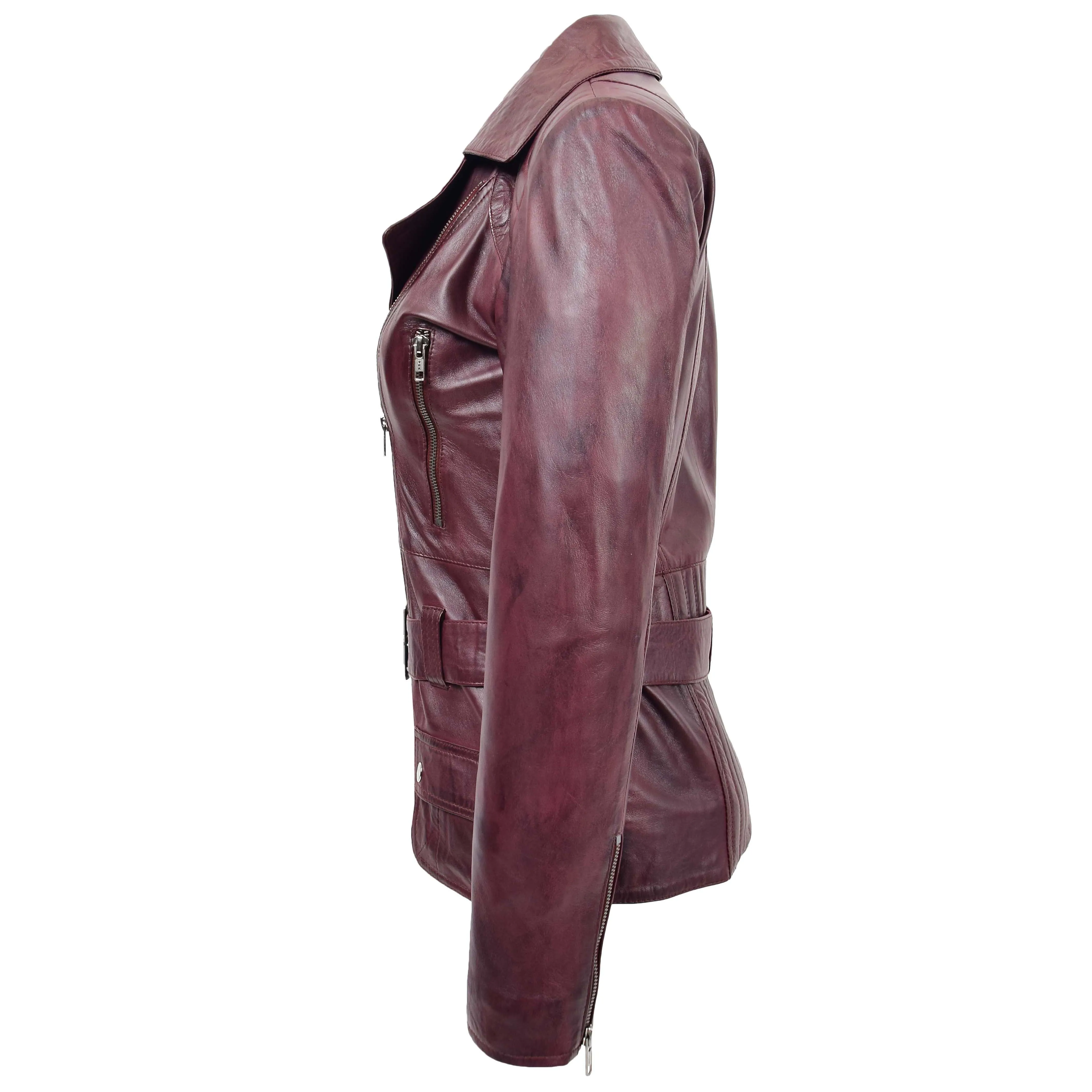 Womens Leather Hip Length Biker Jacket Celia Burgundy