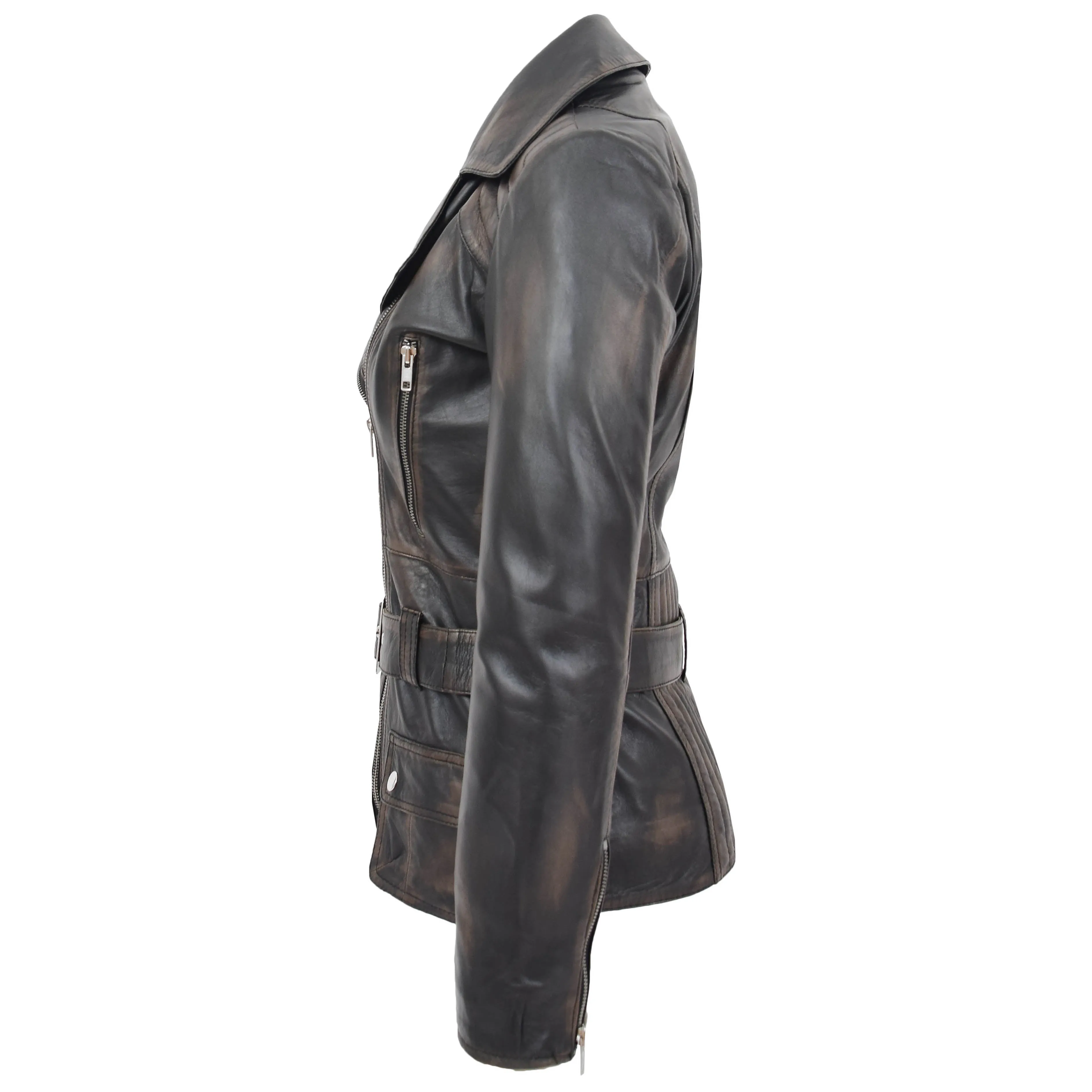 Womens Leather Hip Length Biker Jacket Celia Rub Off