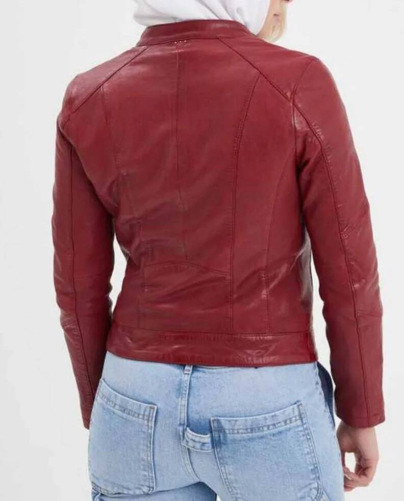 Women's red chili biker style leather jacket 102581