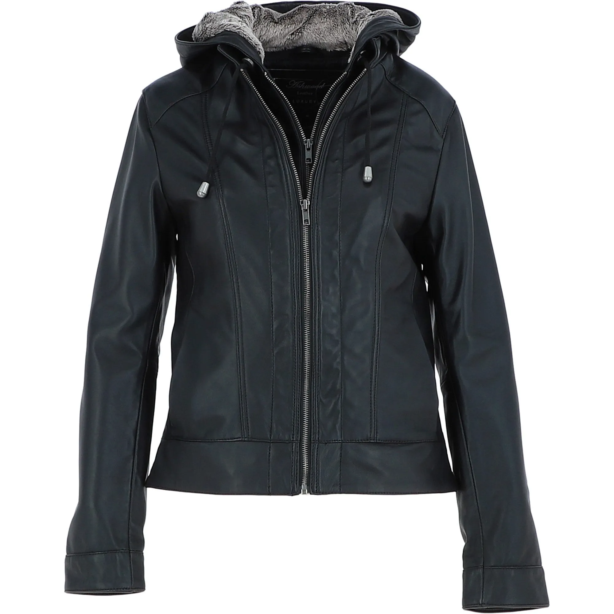 Womens Two-In-One Leather Hooded Jacket Black : Malmo