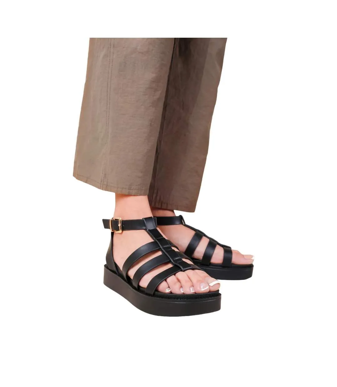 Womens/ladies dubai pu mid platform gladiator sandals black Where´s That From