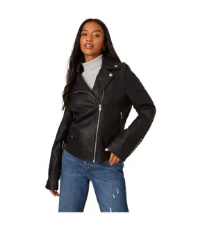 Womens/ladies faux leather petite biker jacket black Dorothy Perkins