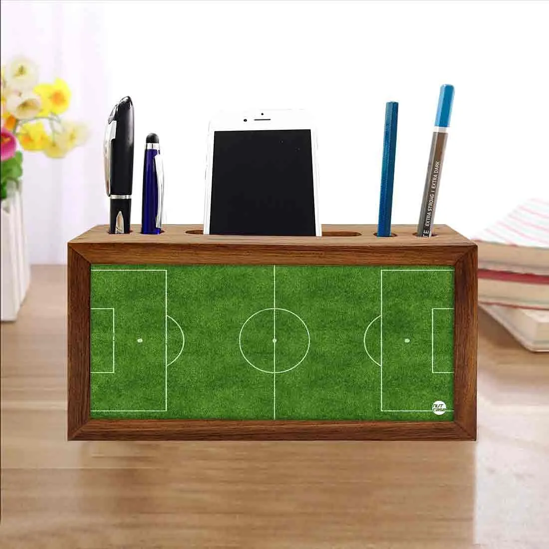 Wooden desktop organizer Pen Mobile Stand -Football Field