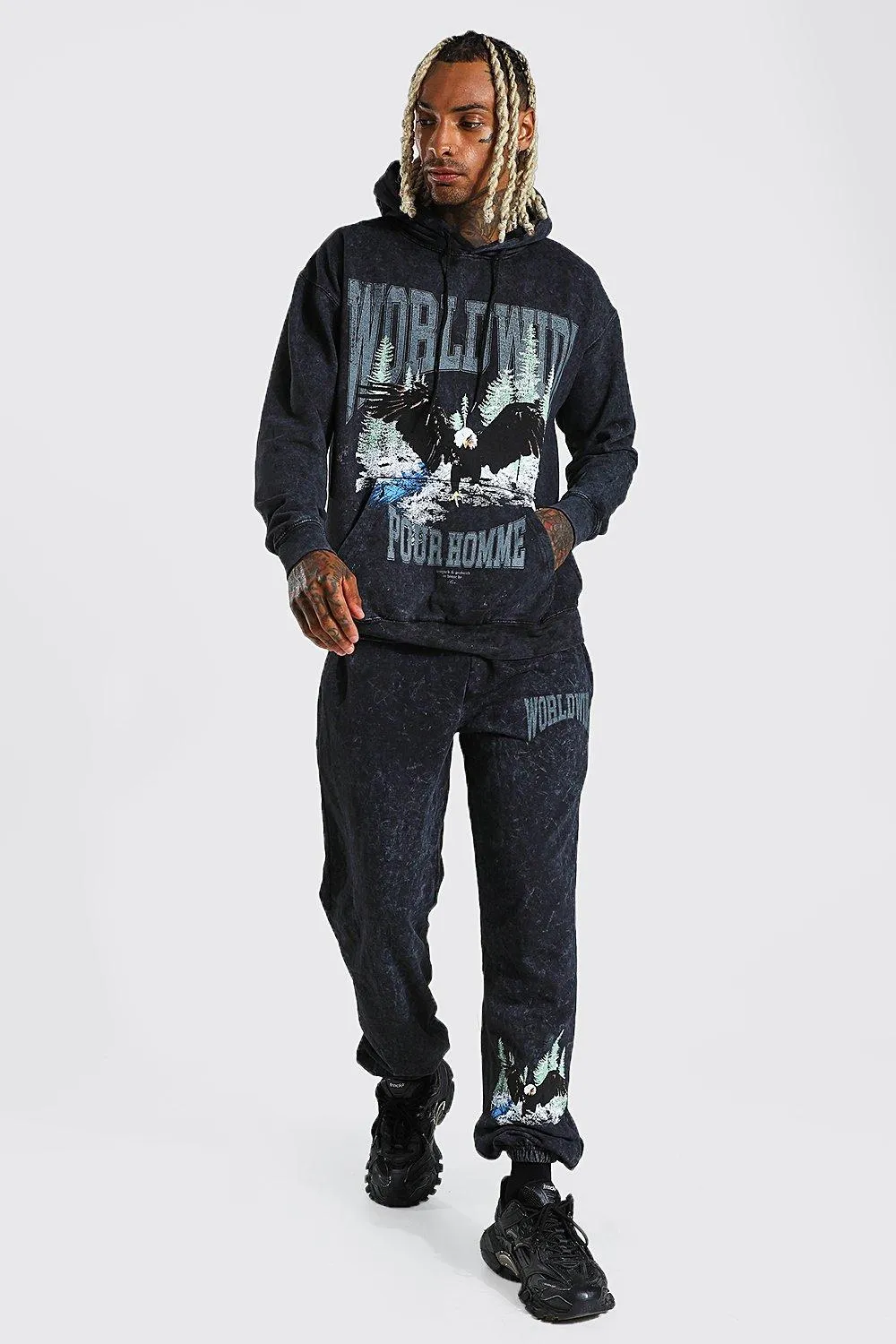 Worldwide Graphic Acid Wash Hooded Tracksuit | boohooMAN UK