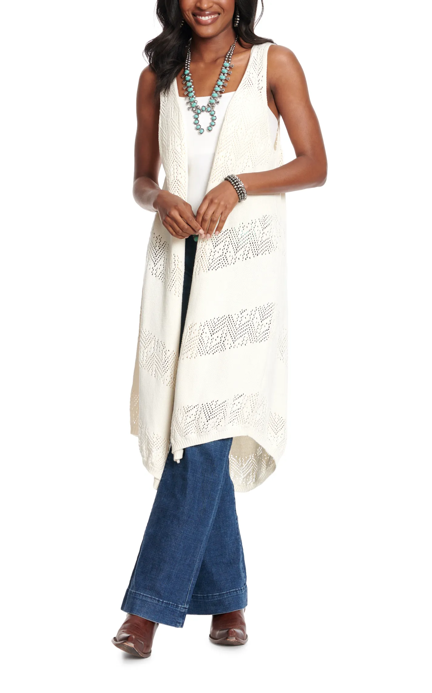 Wrangler Women's Cream Crocheted Long Vest