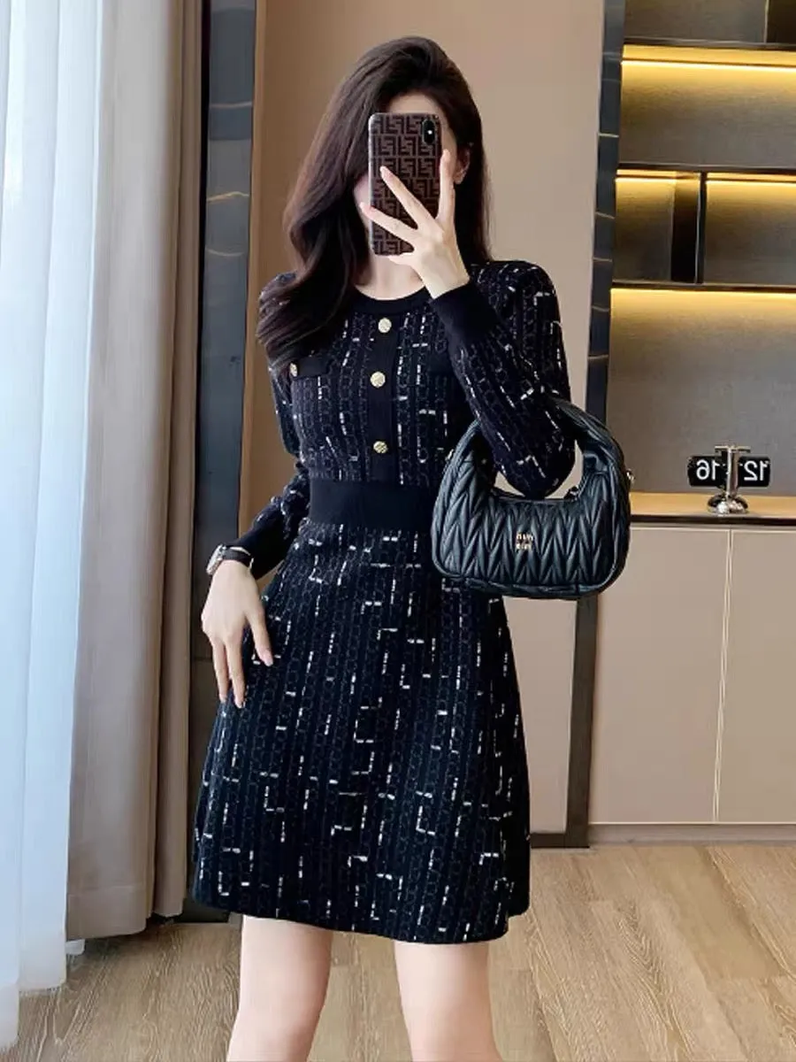 Xiaoxiangfeng knitted dress 2023 autumn new fashion women's long-sleeved bottoming slim A-line sweater skirt (B8911)
