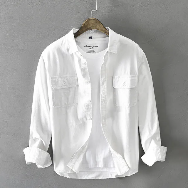 Xituodai 2022 Autumn Winter New Men New Men's White Long Sleeve Shirt Pure Cotton Retro Style Button Up Pocket White Workwear GA