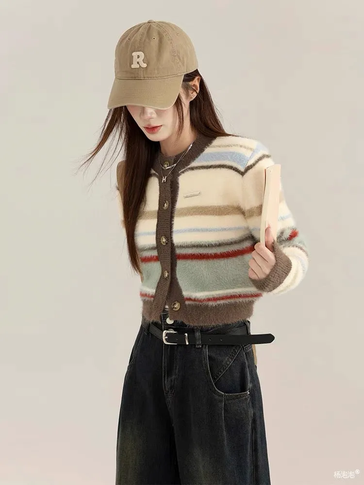 Yang Paopao American retro striped contrasting short sweater jacket for women in autumn small round neck knitted top