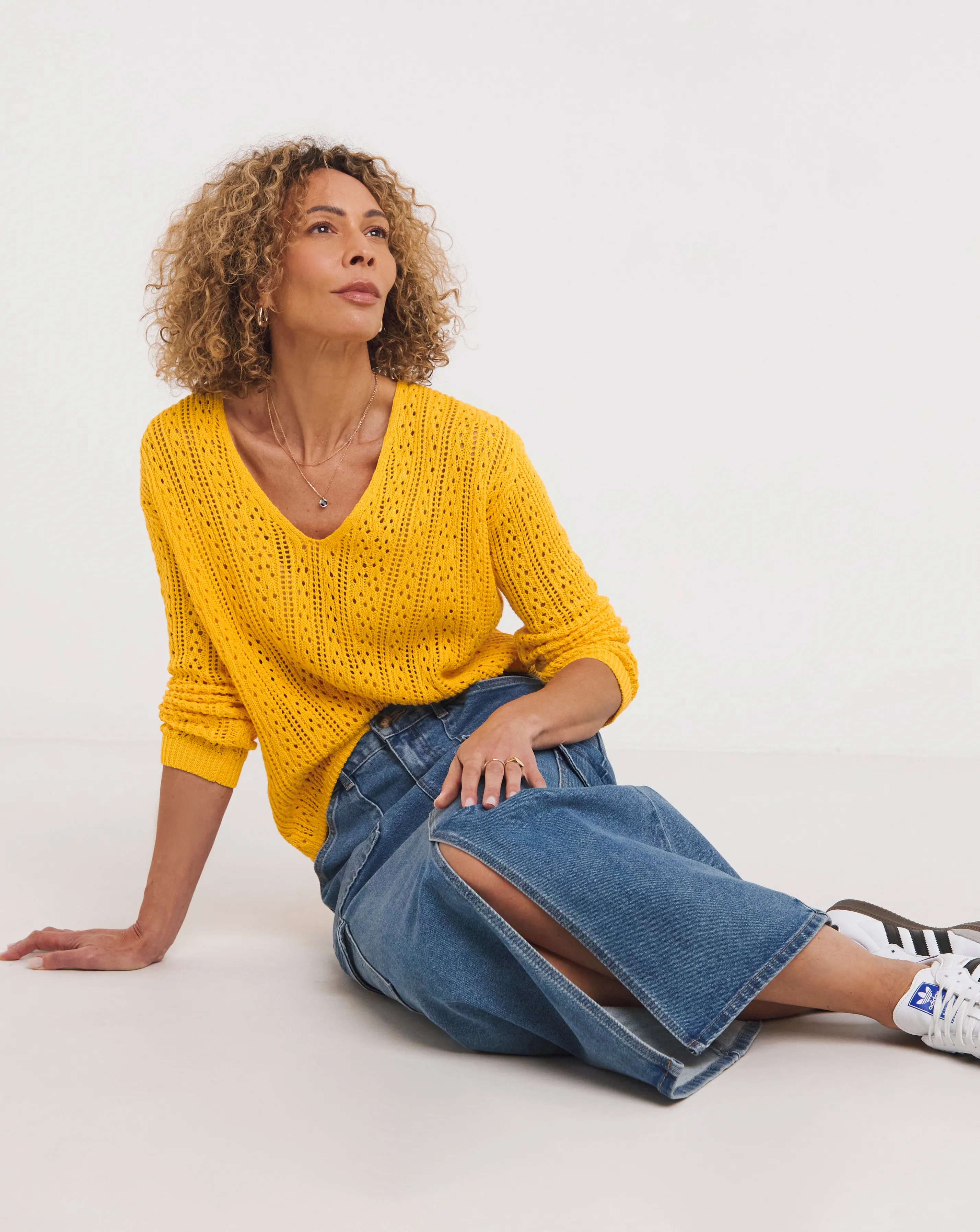 Yellow Pointelle V Neck Jumper