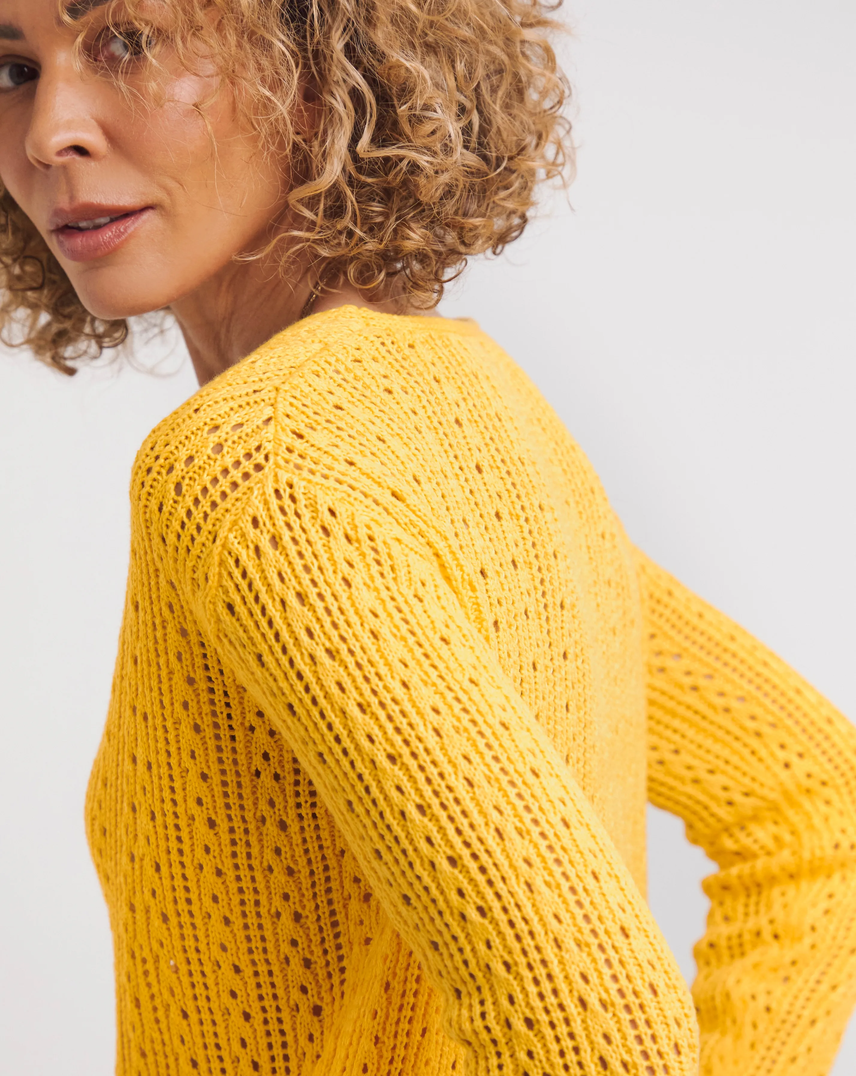 Yellow Pointelle V Neck Jumper