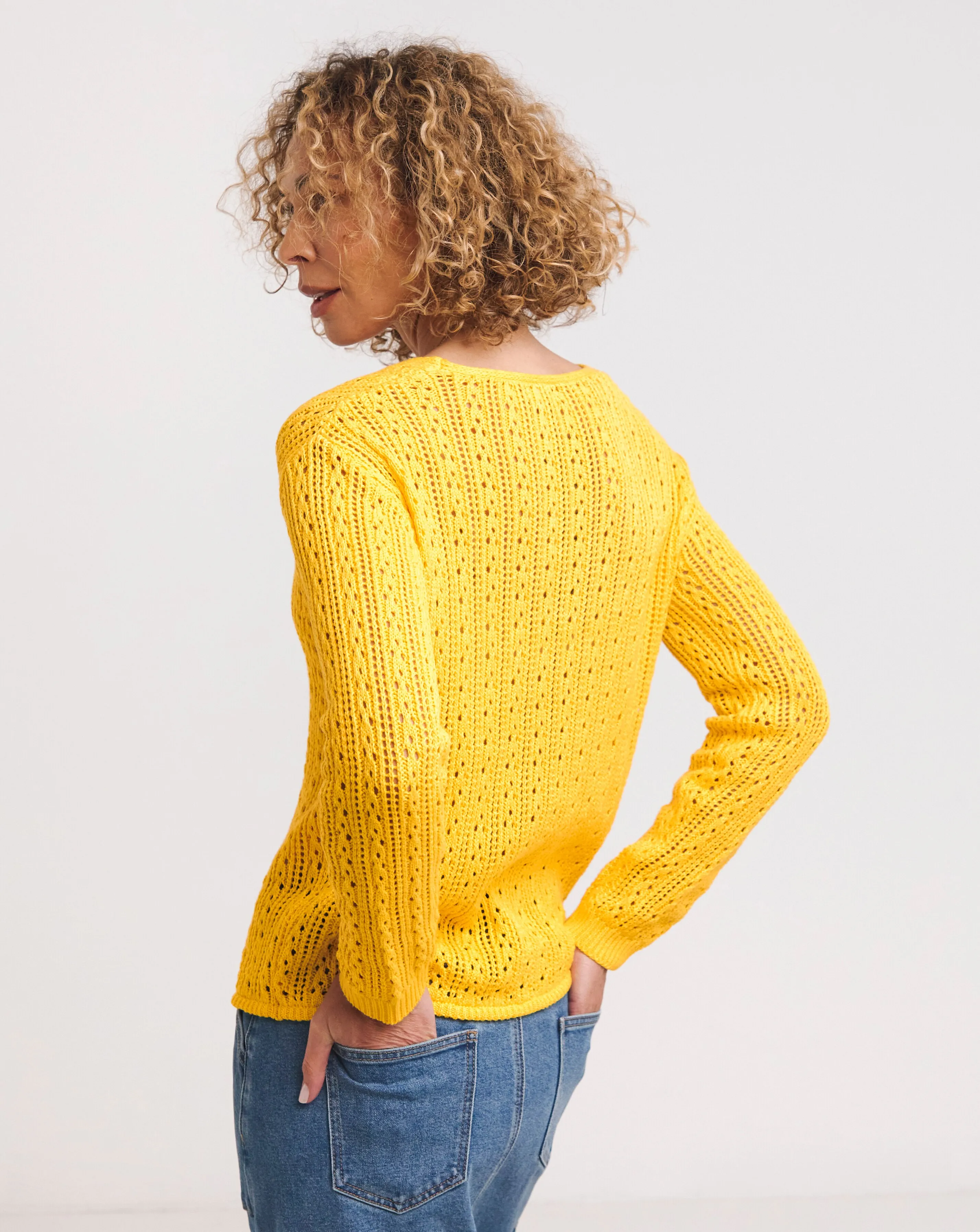 Yellow Pointelle V Neck Jumper