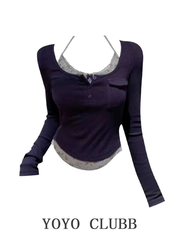 YOYO CLUBB fake two-piece halter neck sweater autumn large size pure desire slim irregular long-sleeved T-shirt top