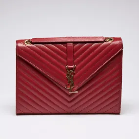 YSL Red Grained Leather Chevron Large Envelope Bag