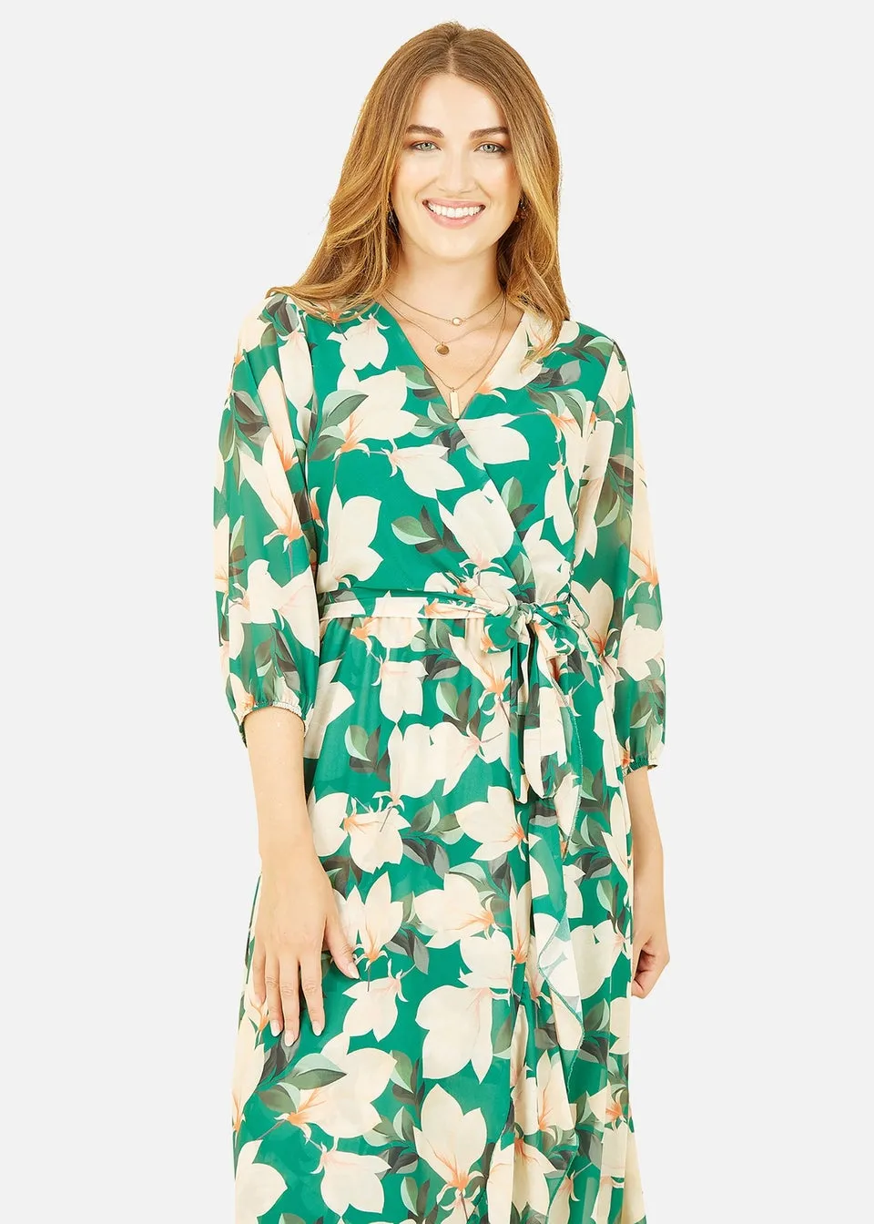 Yumi Green Blossom Wrap Midi Dress With 3/4 Sleeves