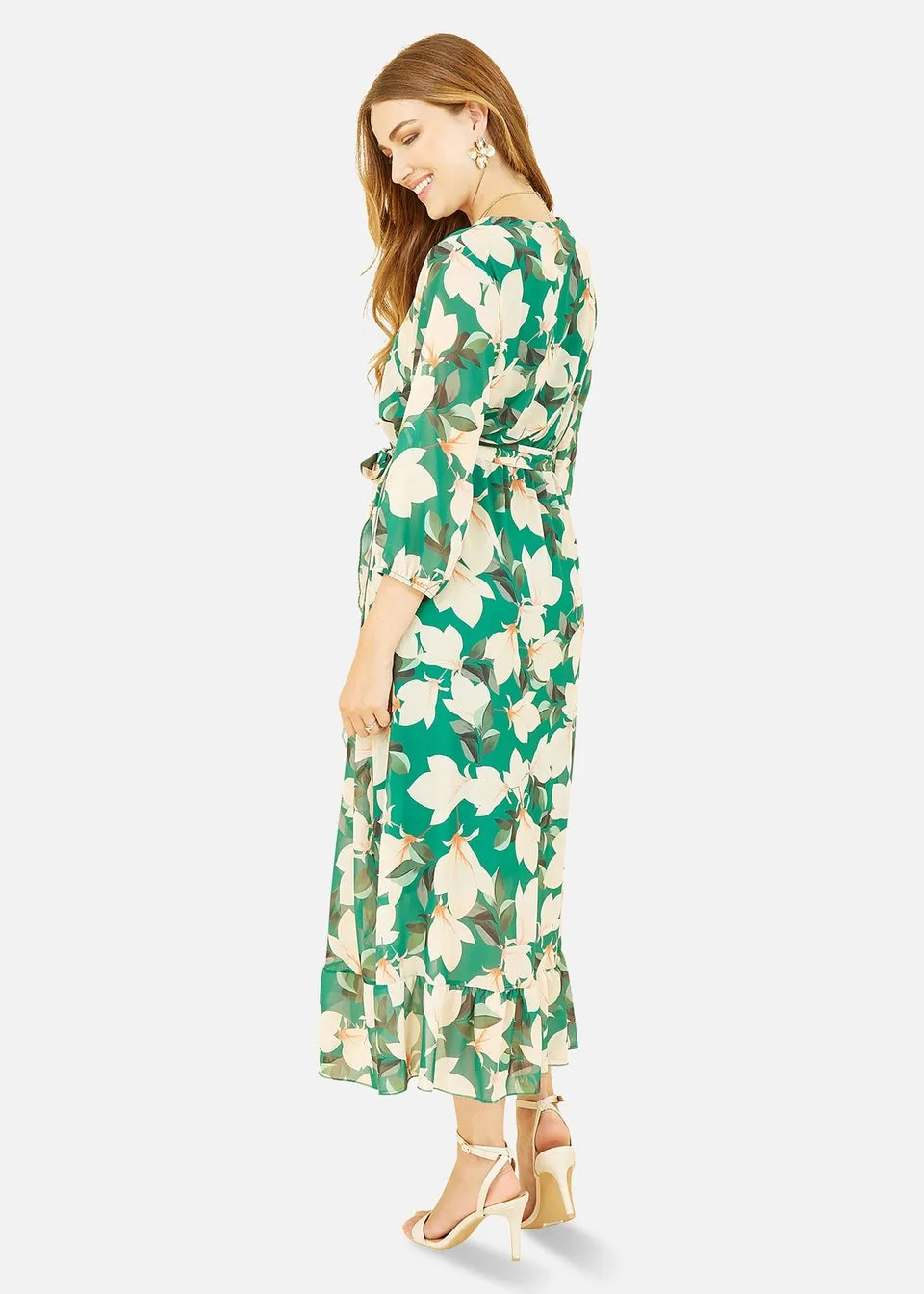 Yumi Green Blossom Wrap Midi Dress With 3/4 Sleeves