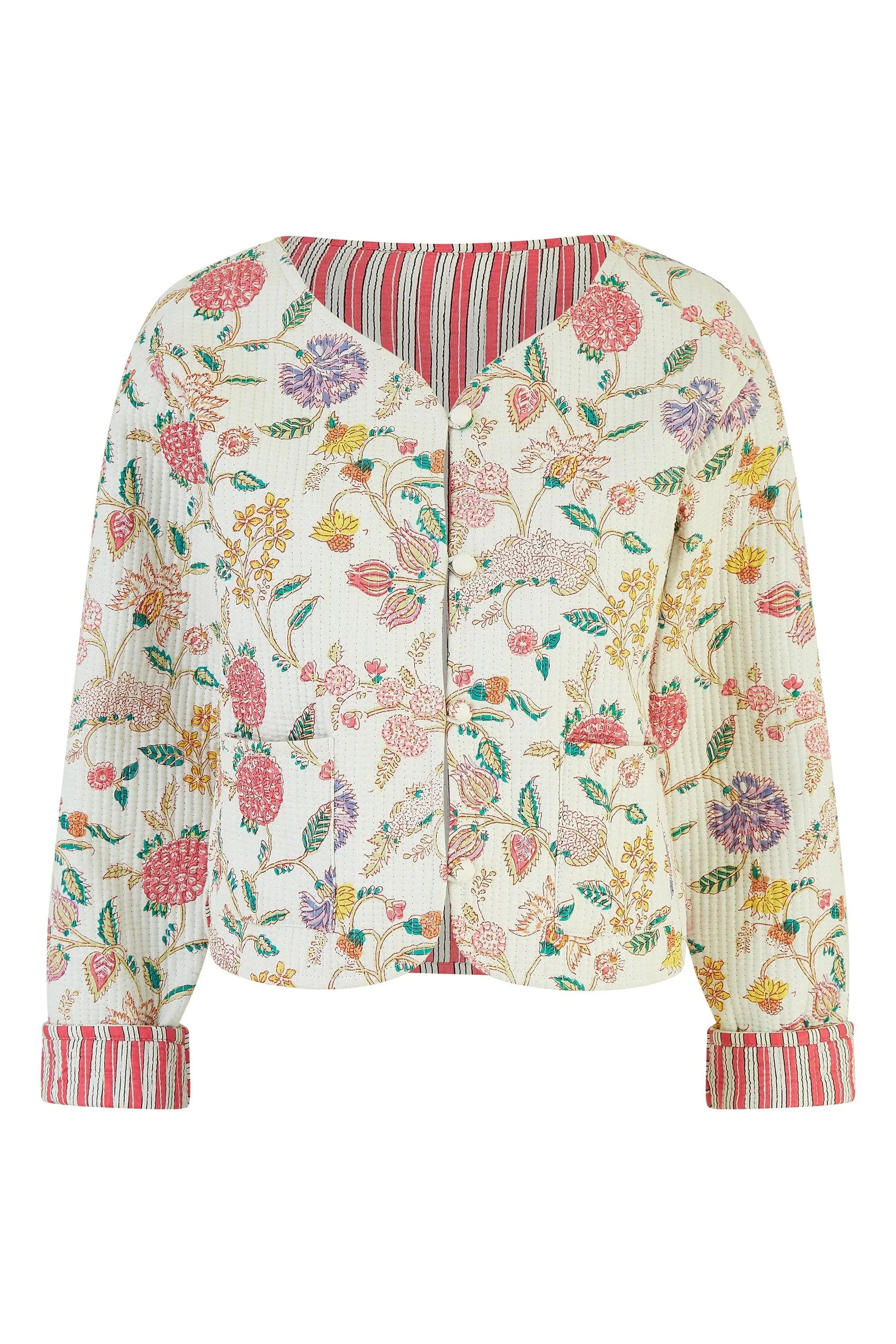 Yumi White Floral Print Reversible Cotton Cropped Quilted Jacket