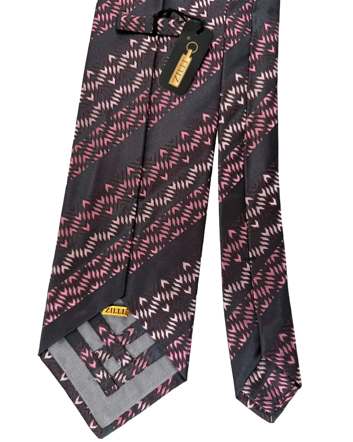 Zilli Silk Tie Brown Pink Stripes Zig Zag Design - Wide Necktie