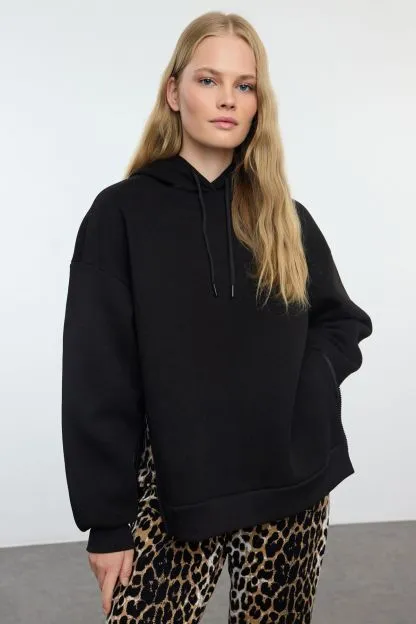 Zipper Detailed Oversized/Wide Fit Hooded Thick Inside Fleece Knitted Sweatshirt
