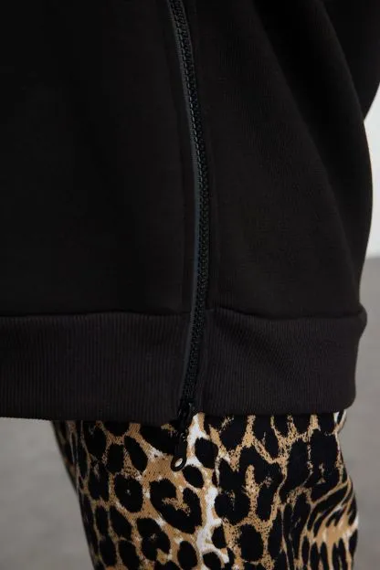 Zipper Detailed Oversized/Wide Fit Hooded Thick Inside Fleece Knitted Sweatshirt