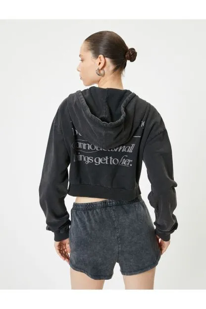 Zippered Hooded Cotton Sweatshirt Crop Pocket Print Detail Long Sleeve
